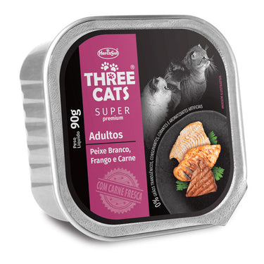 Three Cat Paté para Gatos Adultos Pescado, Pollo y Carne 90 grs
