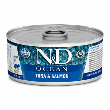 N&D Ocean Tuna & Salmon alimento húmedo para gatos adultos en lata de 70 gramos.