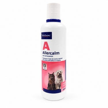 Allercalm Virbac shampoo de 250 ml para perros y gatos con piel sensible.