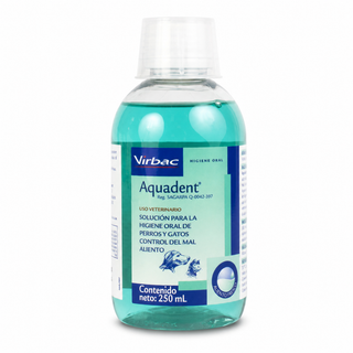 Aquadent Virbac 250 ml para la higiene oral y control del mal aliento en perros y gatos.