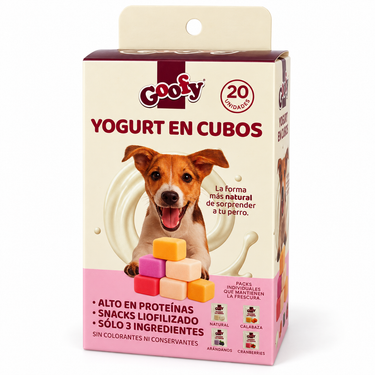Goofy Yogurt en Cubos, snack liofilizado para perros en caja con 20 unidades.