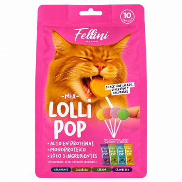 Fellini Premium Mix Lolli Pop, snack liofilizado para gatos en envase de 10 unidades.