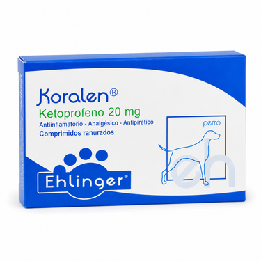 Koralen Ehlinger con ketoprofeno 20 mg para perros en caja de 10 comprimidos.