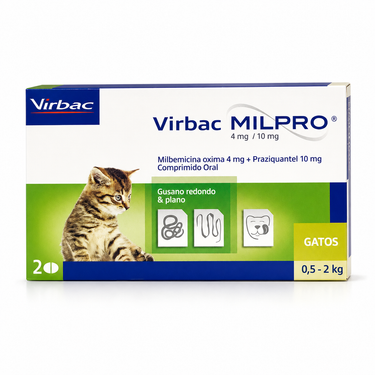 Milpro Virbac 4 mg/10 mg para gatitos de 0,5 a 2 kg en caja con 2 comprimidos.