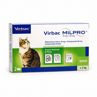 Milpro Virbac 16 mg/40 mg para gatos adultos desde 2 kg en caja con 2 comprimidos.