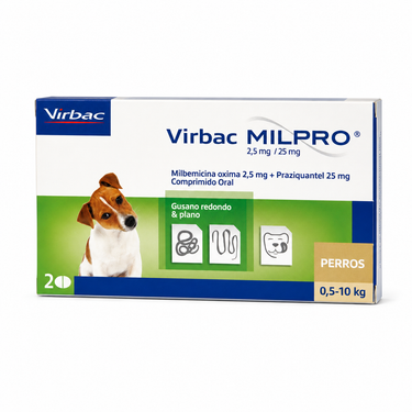 Milpro Virbac 2,5 mg/25 mg para perros de 0,5 a 10 kg en caja con 2 comprimidos.