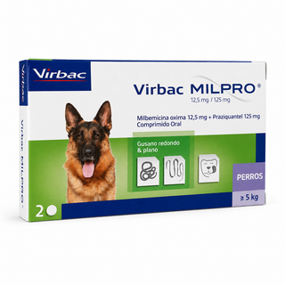 Milpro Virbac 12,5 mg/125 mg para perros desde 5 kg en caja con 2 comprimidos.