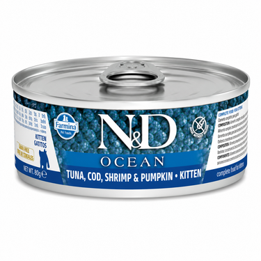 N&D Ocean Kitten alimento húmedo para gatitos con atún, bacalao, camarón y calabaza de 80 gramos.