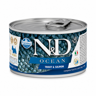 N&D Ocean Mini Trout & Salmon alimento húmedo para perros adultos de razas mini en lata de 140 g