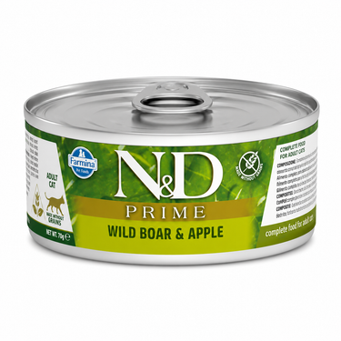 N&D Prime Wild Boar & Apple alimento húmedo para gatos adultos en lata de 70 gramos.
