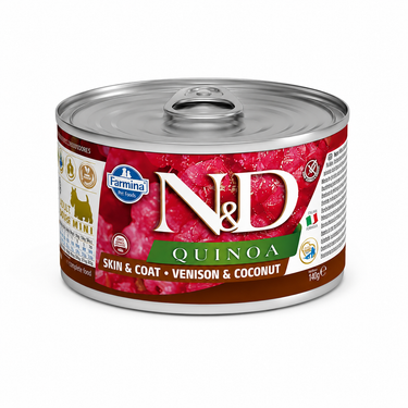 N&D Quinoa Skin & Coat Venado y Coco alimento húmedo para perros adultos mini de 140 gramos.
