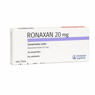 Ronaxan 20 mg con doxiciclina para perros y gatos en caja de 20 comprimidos