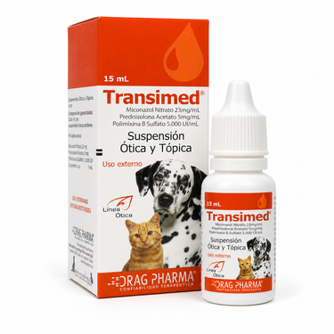 Transimed 15 mL, suspensión ótica y tópica para perros y gatos.