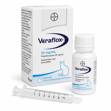 Veraflox 25 mg/mL suspensión oral para gatos, frasco de 15 mL con jeringa dosificadora.