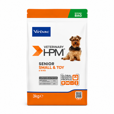 Virbac HPM Senior Dog Small Toy 3 kg alimento premium para perros senior de razas pequeñas y miniatura.